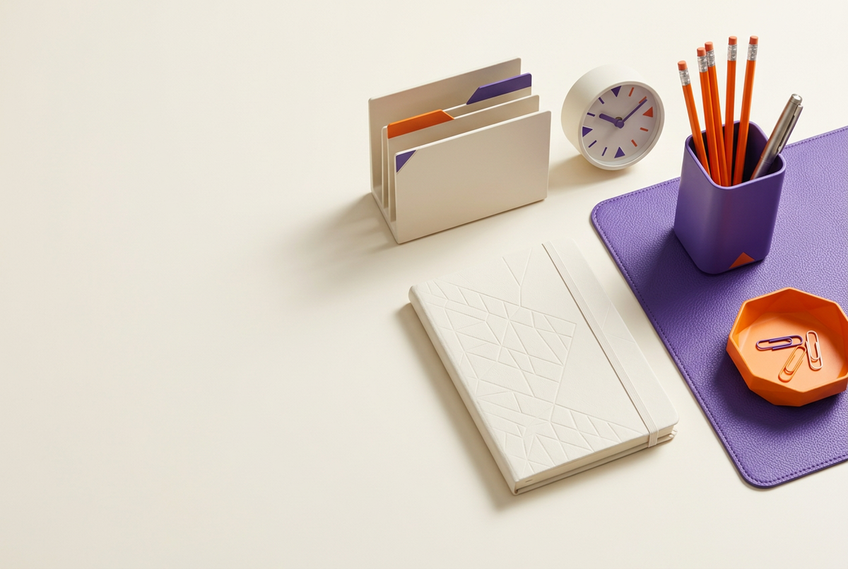 Desk accessories hero concept with purple and orange accents